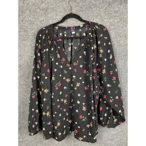 Old Navy Blouse 2X Plus Dark Floral‎ Boho Flowy Puff Sleeve Tassel Peasant Tunic